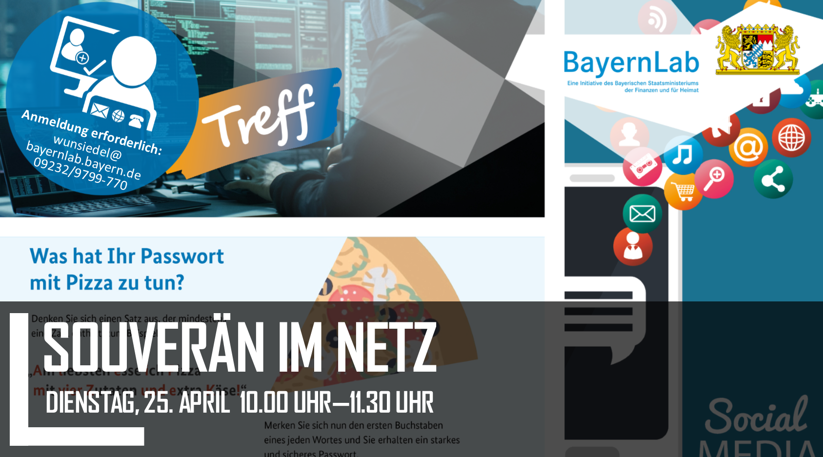 Grafische Einladung zum BayernLabTreff am Dienstag, 25. April, 10.00 im BayernLab Wunsiedel, Vortrag zum Thema Souverän im Netz